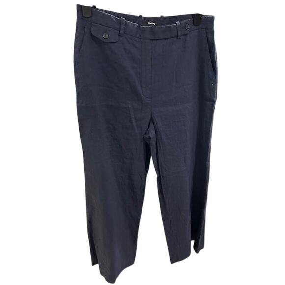 Theory Pants - THEORY Navy Blue Wideleg Flare Linen Viscose Blend Cropped Pants Women's Size 6